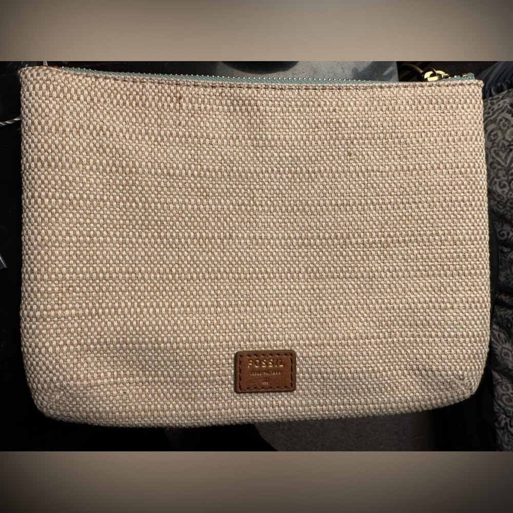 Fossil Blue and Tan Leather woven clutch